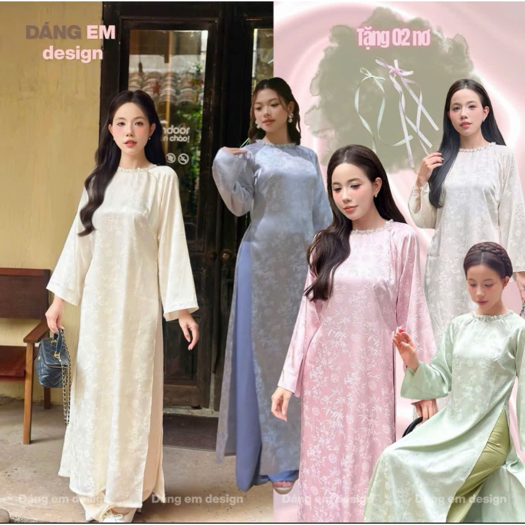 Áo dài Trúc Em, Áo dài tết cách tân dáng xuông tay loe cách điệu cổ tròn đính ngọc, thích hợp đi lễ, dạm ngõ cô dâu