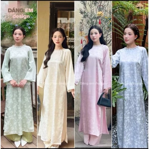Áo dài Trúc Em, Áo dài tết cách tân dáng xuông tay loe cách điệu cổ tròn đính ngọc, thích hợp đi lễ, dạm ngõ cô dâu