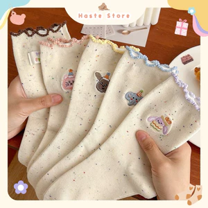 Tất Vớ Nữ Cổ Cao Nhún Bèo Pastel Thêu Hình Ngộ Nghĩnh Dễ Thương Phong Cách Hàn Quốc Chất Cotton Mềm Mại Thoáng Mát