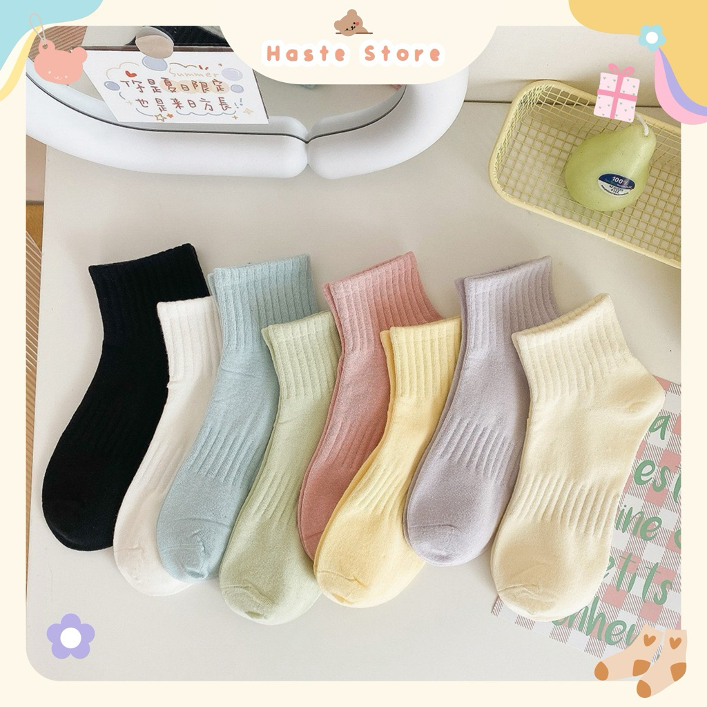 Tất Vớ Cổ Trung Lửng Màu Trơn Pastel Rằn To Dày Cotton Co Giãn Phong Cách Hàn Quốc