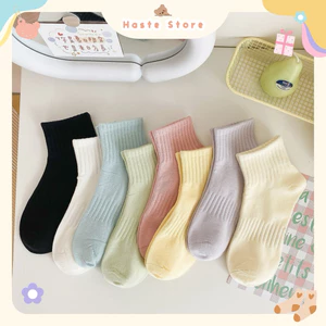 Tất Vớ Cổ Trung Lửng Màu Trơn Pastel Rằn To Dày Cotton Co Giãn Phong Cách Hàn Quốc