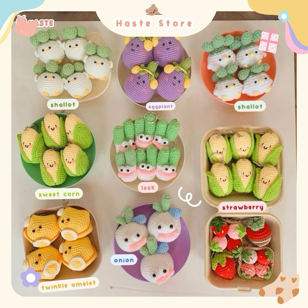 Móc Khoá Len Rau Củ Quả Trái Bắp Ngọt Vàng Ngô Corn Cà Tím Củ Hành Paro Ngôi Sao Handmade Dễ Thương