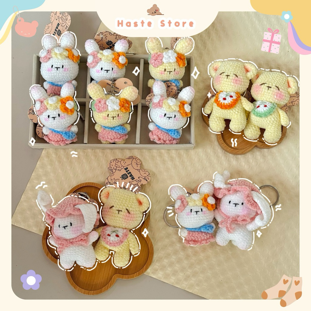 Móc Khoá Len Nhung Gấu Thỏ Bunny Butter Bear Mật Ong Teddy Handmade Mềm Mịn Dễ Thương