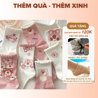 IK Set 5 Đôi Tất, Vớ Nữ Cao Cổ Gấu Dâu Losto Tone Dễ Thương V4