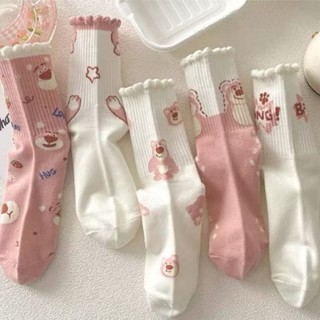 IK Set 5 Đôi Tất, Vớ Nữ Cao Cổ Gấu Dâu Losto Tone Dễ Thương V4