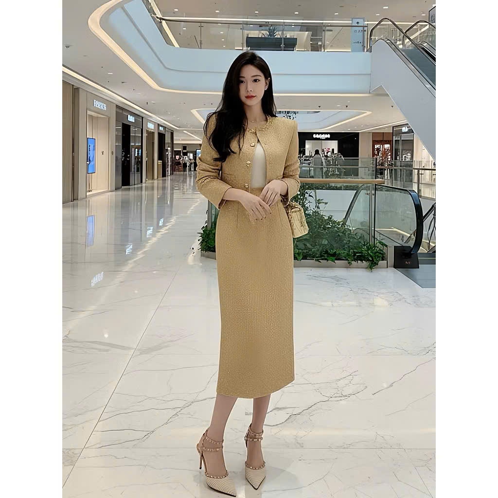 Sét Dạ Tweed Vàng Champagne Sang Trọng – Thanh Lịch, Tôn Dáng Chuẩn Tiểu Thư
