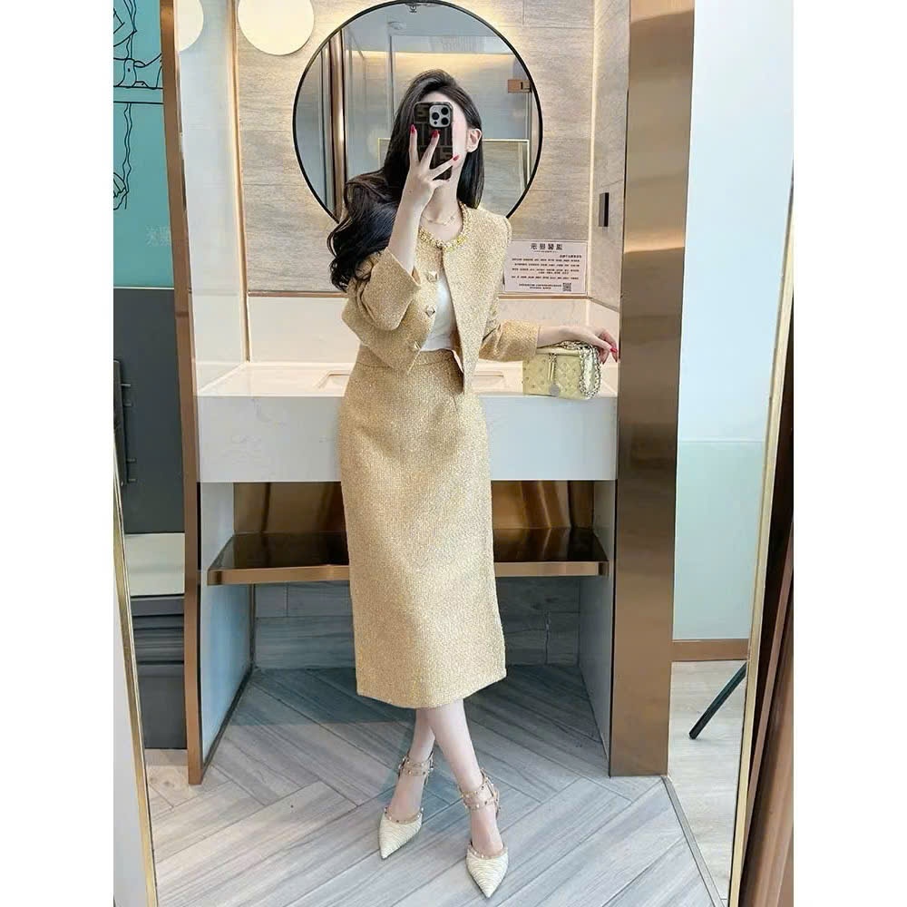 Sét Dạ Tweed Vàng Champagne Sang Trọng – Thanh Lịch, Tôn Dáng Chuẩn Tiểu Thư