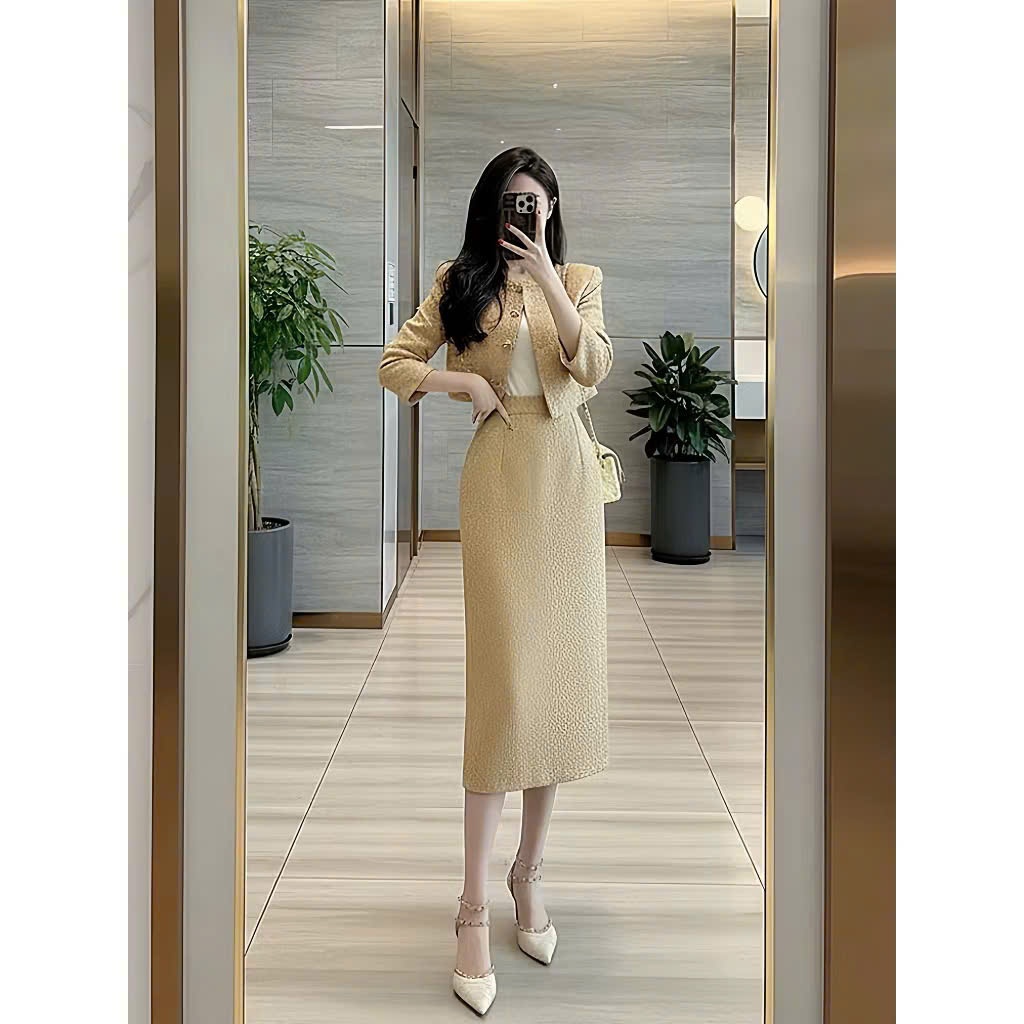 Sét Dạ Tweed Vàng Champagne Sang Trọng – Thanh Lịch, Tôn Dáng Chuẩn Tiểu Thư
