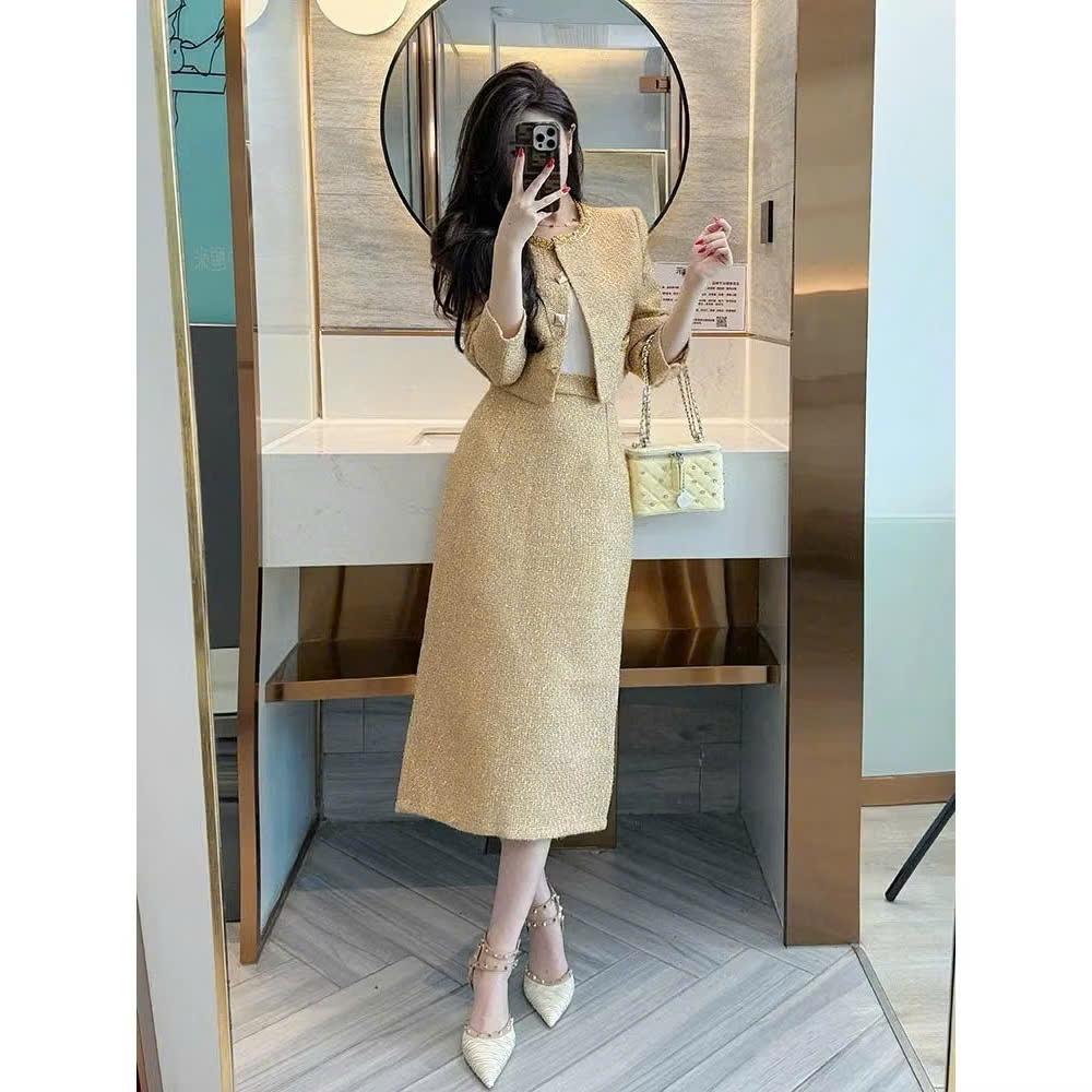 Sét Dạ Tweed Vàng Champagne Sang Trọng – Thanh Lịch, Tôn Dáng Chuẩn Tiểu Thư