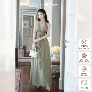Đầm yếm tơ hàn phối ren Khiết Style gam màu xanh dáng dài đi tiệc KD69A