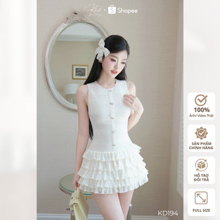 Đầm Khiết Style dáng ôm ren kem dệt kim tùng váy xếp tầng nhúng bồng bềnh KD194