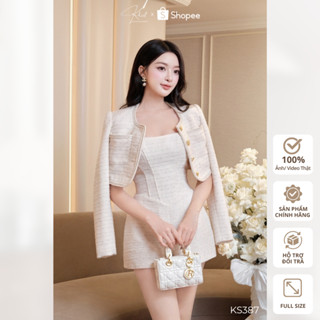 Set dạ kim tuyến Khiết gồm áo dạ lửng phối nút mạ vàng & jumpsuit quây ngắn form corset quyến rũ & thanh lịch KS387