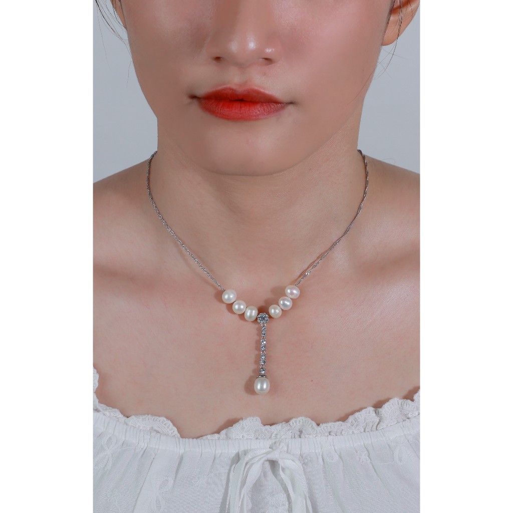 DC194 - Dây chuyền mạ vàng trắng, kết ngọc Trai nuôi nước ngọt 6-8 li, dài 42-48cm, charm đính đá CZ