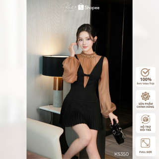 Set váy ngắn xếp ly Khiết Style phối áo tằm xốp cổ đính đá lấp lánh sang trọng KS350