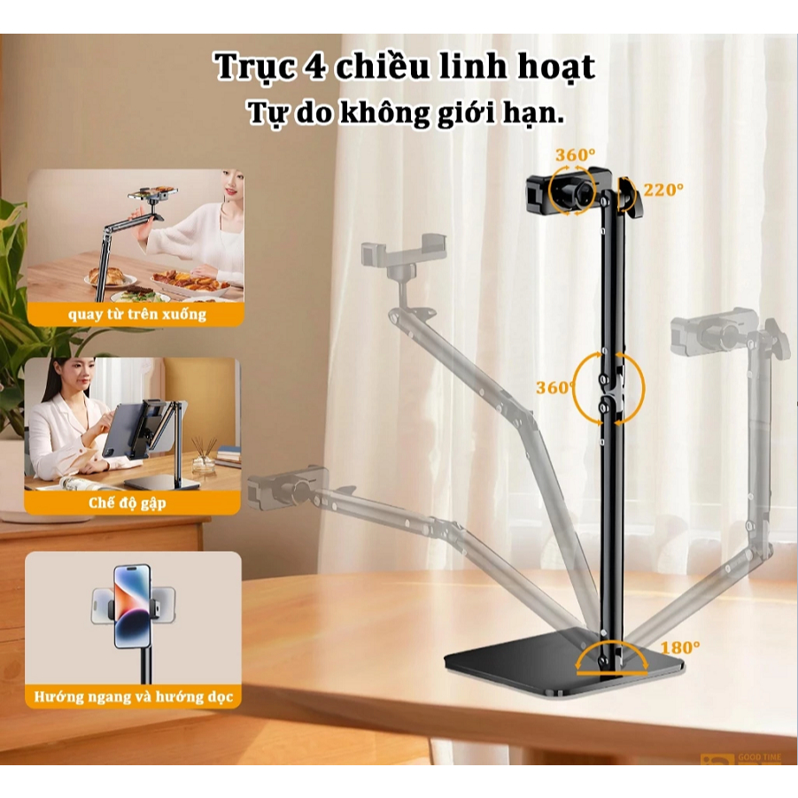 Giá đỡ ipad, điện thoại hợp kim nhôm mẫu xoay 4 chiều 360 độ đa năng, Đế đúc chắc chắn quay video, giải trí chống rung