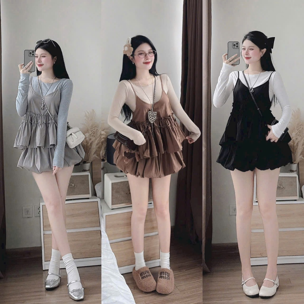 Set 3 món phong cách đáng iu, dễ thương cho nàng 3 màu, áo cổ tròn tay dài voan tơ phối áo 2 dây + váy bí