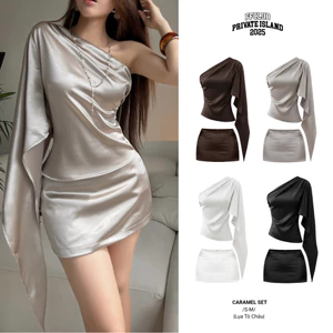 Set Áo lụa Lệch Vai Tay Loe Phối Chân Váy lụa CARAMEL FFCLUB