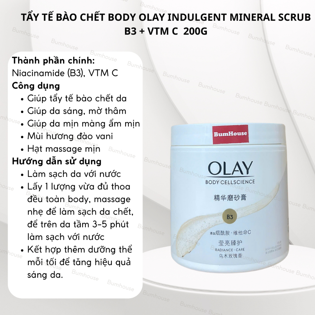 Tẩy tế bào chết OLAY BODY CELLSCIENCE B3+ Vitamin C/ B3 BHA Hỗ Trợ Sáng Da, Làm Sạch Da Chết 200g 311g