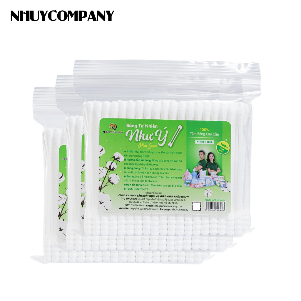 Combo 3 bịch tăm bông tự nhiên người lớn Như Ý Company thân nhựa, đầu tăm 100% cotton - Bịch 100 cây