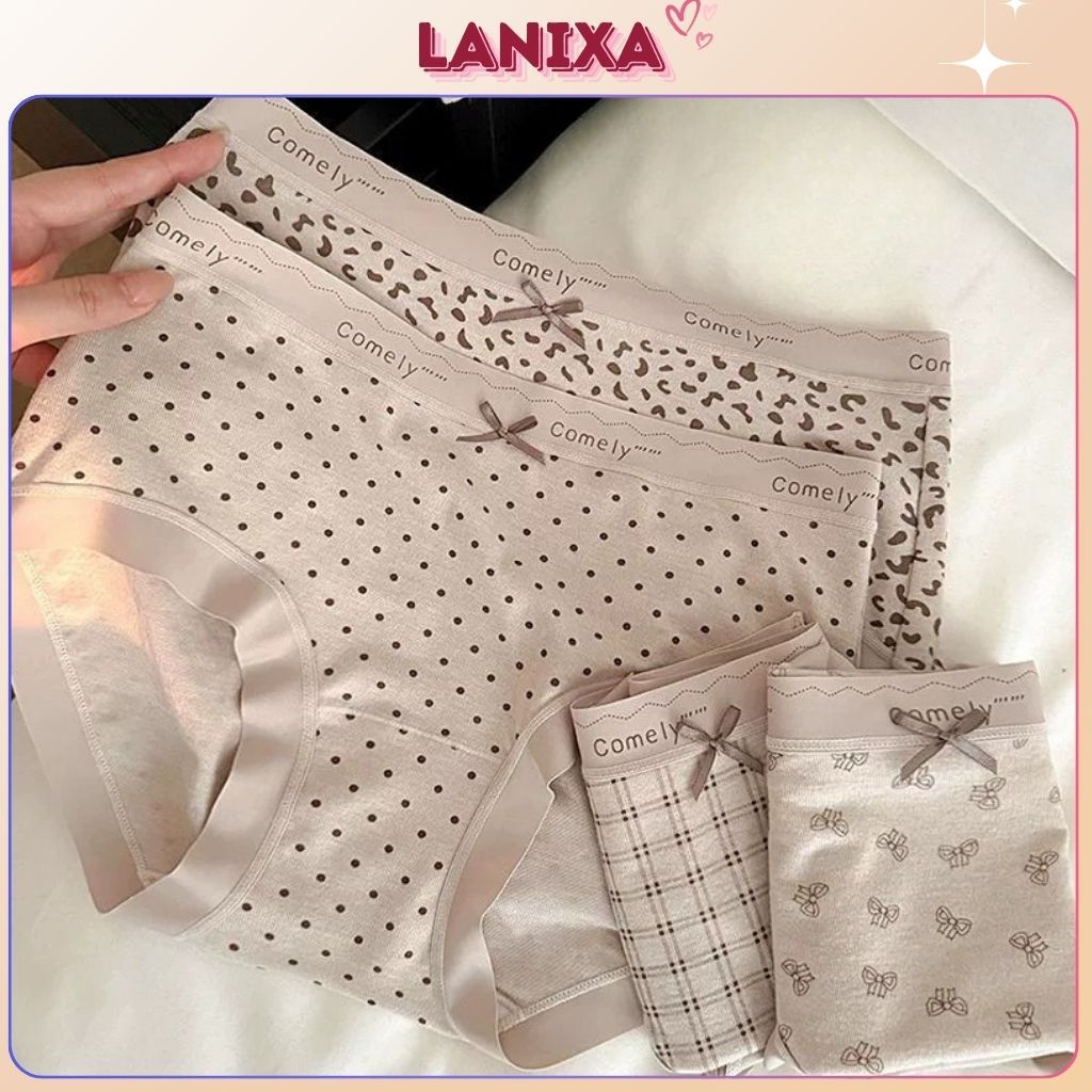 Quần Lót Nữ Cotton Đáy Lót Kháng Khuẩn Màu Nâu Họa Tiết Co Giãn 4 Chiều Viền Su Mềm Mịn LANIXA L8383