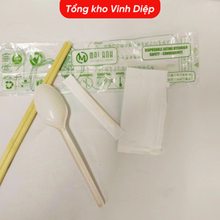 Set Đồ Ăn Dùng 1 Lần 100 Bộ Đũa Thìa - Tăm Giấy 4 Trong 1 Tiện Lợi Nhà Hàng