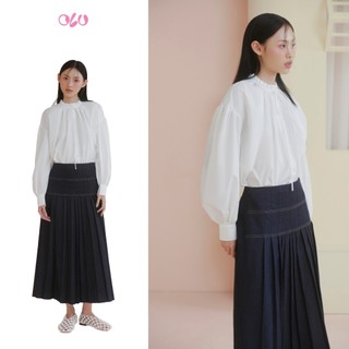 Chân váy OLV xếp ly chất liệu Jeans đứng form Navy Pleated Maxi Skirt dáng xòe thanh lịch