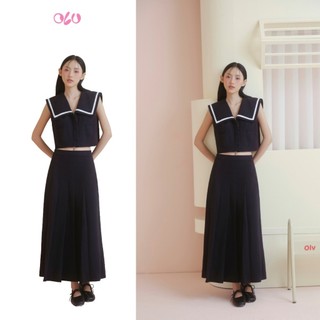 Chân váy OLV maxi xếp ly nhẹ Navy Pleated A Line Midi Skirt thanh lịch phù hợp đi chơi đi làm