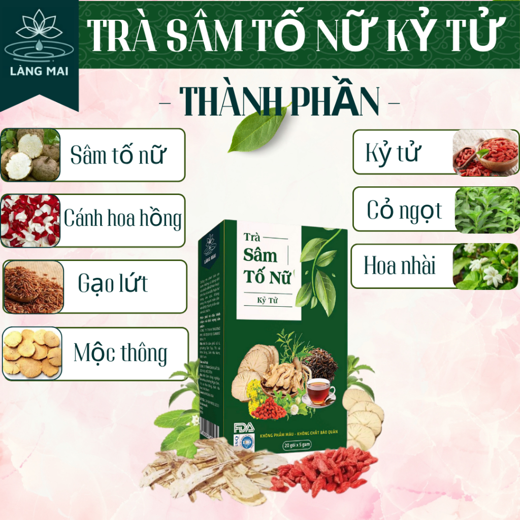 Trà Sâm Tố Nữ Kỳ Tử 7 Vị - Làng Mai - hộp 20 gói có vị thanh thoát, đẹp dáng, đẹp da