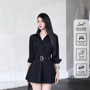 Lust® - Đầm nữ đen thiết kế sơ mi đen phối đai lưng phong cách cá tính chất liệu cao cấp Y227