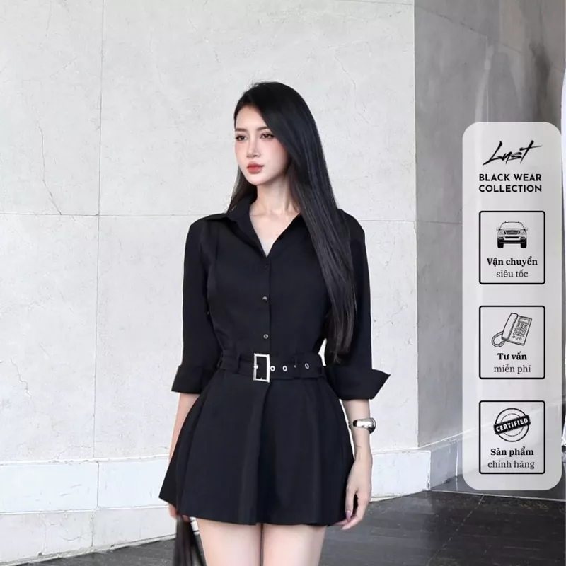 Lust® - Đầm nữ đen thiết kế sơ mi đen phối đai lưng phong cách cá tính chất liệu cao cấp Y227 — ảnh 1