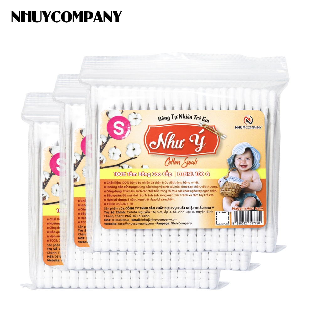 Combo 3 bịch tăm bông trẻ em Như Ý Company thân giấy - Bịch 100 cây