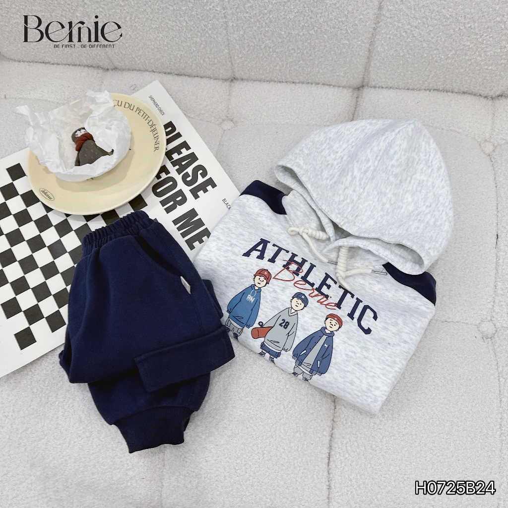 Bộ nỉ 2 da hoddie in hình cho bé, bộ thu đông dày dặn bé trai