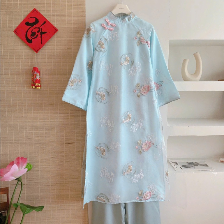 Áo dài cách tân Ngư Yên vải tơ óng thêu họa tiết hoa sen kèm quần lụa MUZA  AD15