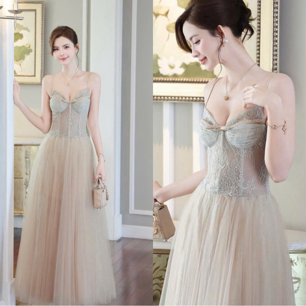 Đầm maxi ren 2 dây phối tùng váy lưới xoè đi tiệc sang trọng