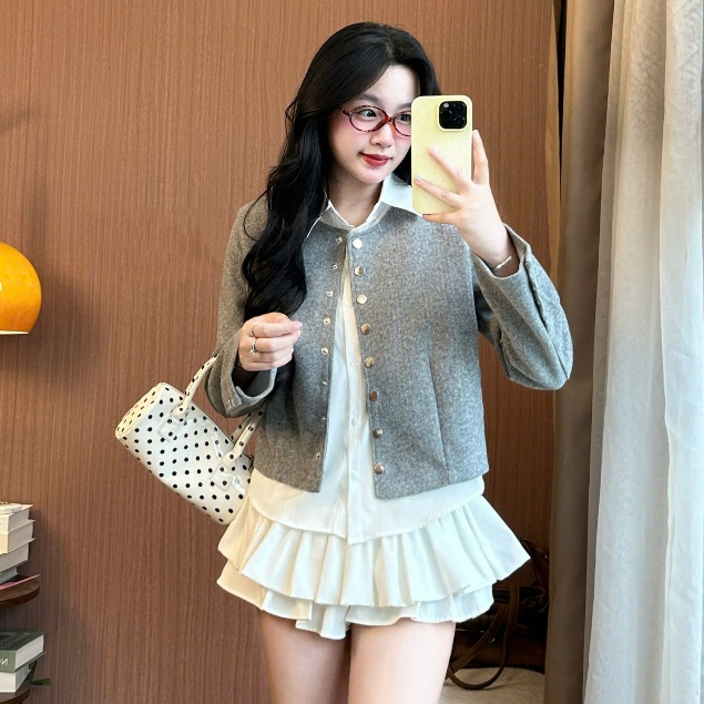 Set 2 Áo Dạ Tweed Nữ Cổ Tròn Phối Áo Sơ Mi Mua 1 Được 2, Thanh Lịch Chuẩn Style Hàn, Sang Trọng Joolate 289_P0K9