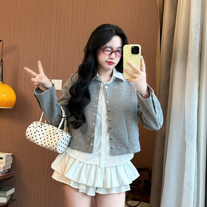 Set 2 Áo Dạ Tweed Nữ Cổ Tròn Phối Áo Sơ Mi Mua 1 Được 2, Thanh Lịch Chuẩn Style Hàn, Sang Trọng Joolate 289_P0K9