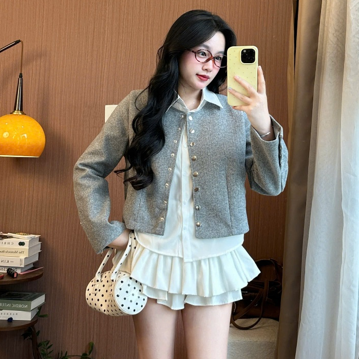 Set 2 Áo Dạ Tweed Nữ Cổ Tròn Phối Áo Sơ Mi Mua 1 Được 2, Thanh Lịch Chuẩn Style Hàn, Sang Trọng Joolate 289_P0K9