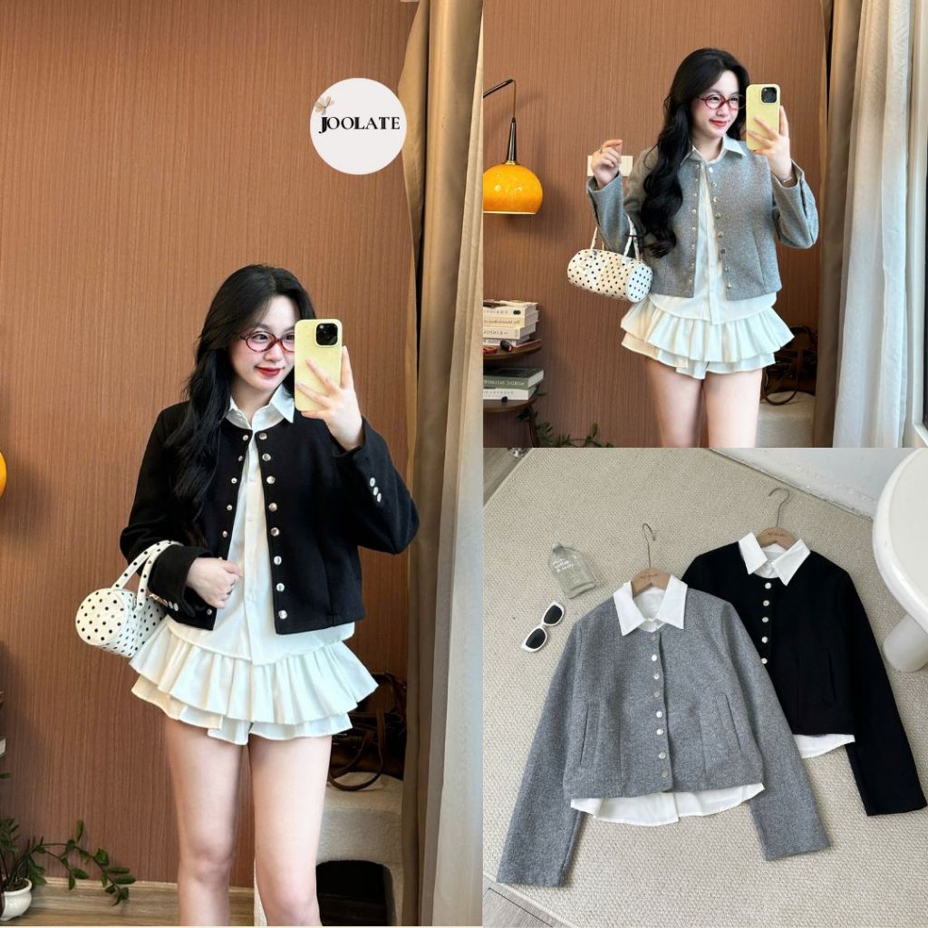 Set 2 Áo Dạ Tweed Nữ Cổ Tròn Phối Áo Sơ Mi Mua 1 Được 2, Thanh Lịch Chuẩn Style Hàn, Sang Trọng Joolate 289_P0K9