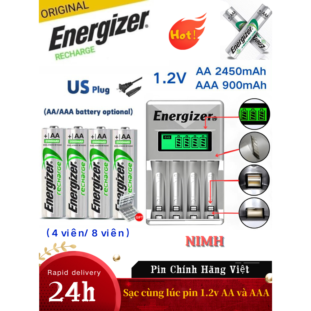 Energizer mới Pin sạc AA Ni-Mh 1.2V 2450mah AAA 900mAh Bộ Sạc nguyên ...