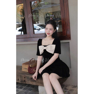 [S2.4192] Set Nhung Áo Croptop Cổ Vuông Đính Nơ Mix Chân Váy Xoè Hàng 2 Lớp (cvay có lót)