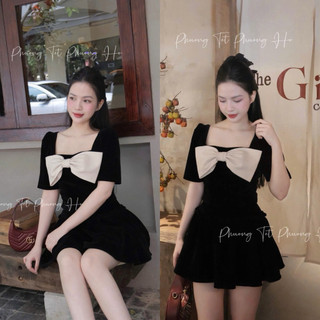[S2.4192] Set Nhung Áo Croptop Cổ Vuông Đính Nơ Mix Chân Váy Xoè Hàng 2 Lớp (cvay có lót)
