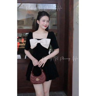 [S2.4192] Set Nhung Áo Croptop Cổ Vuông Đính Nơ Mix Chân Váy Xoè Hàng 2 Lớp (cvay có lót)