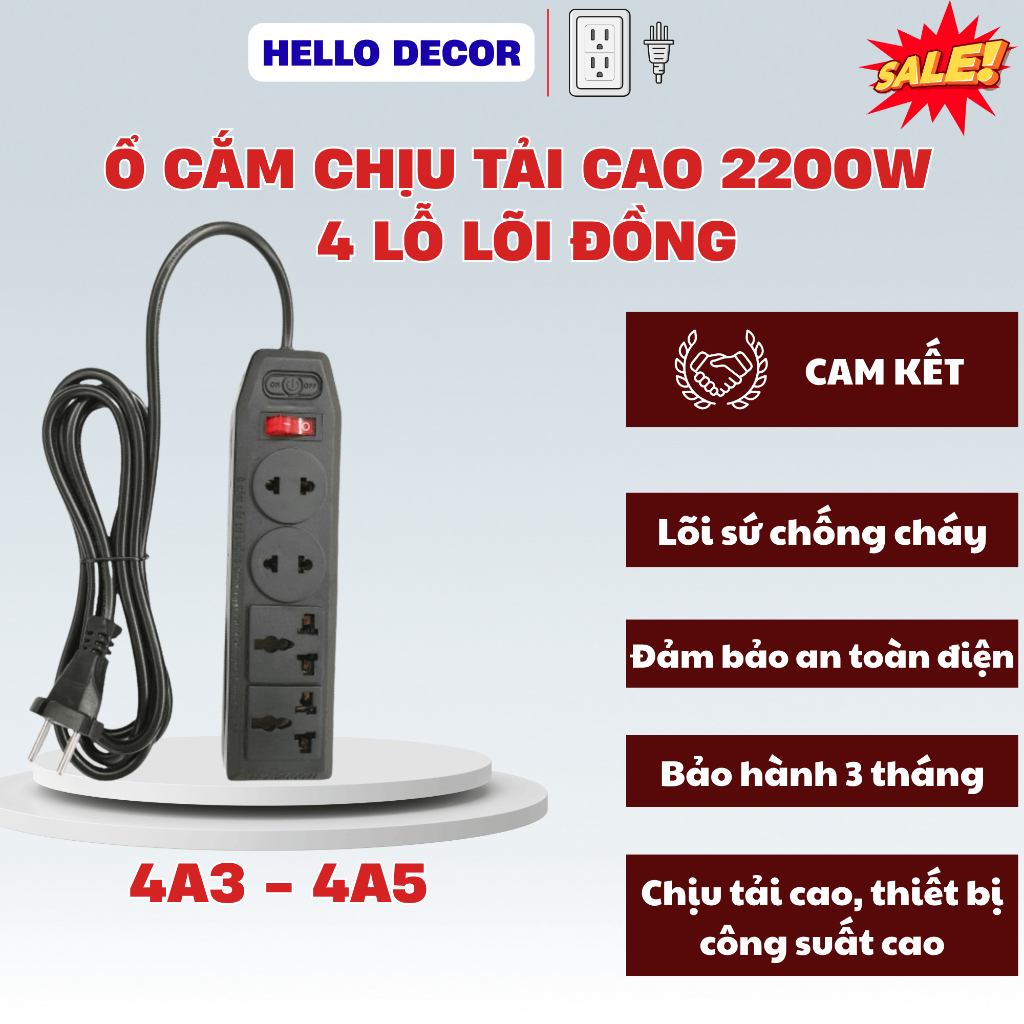 Ổ Cắm Đa Năng 4 Lỗ Chịu Tải 2200W Có Công Tắc An Toàn, Tiết Kiệm Điện ...