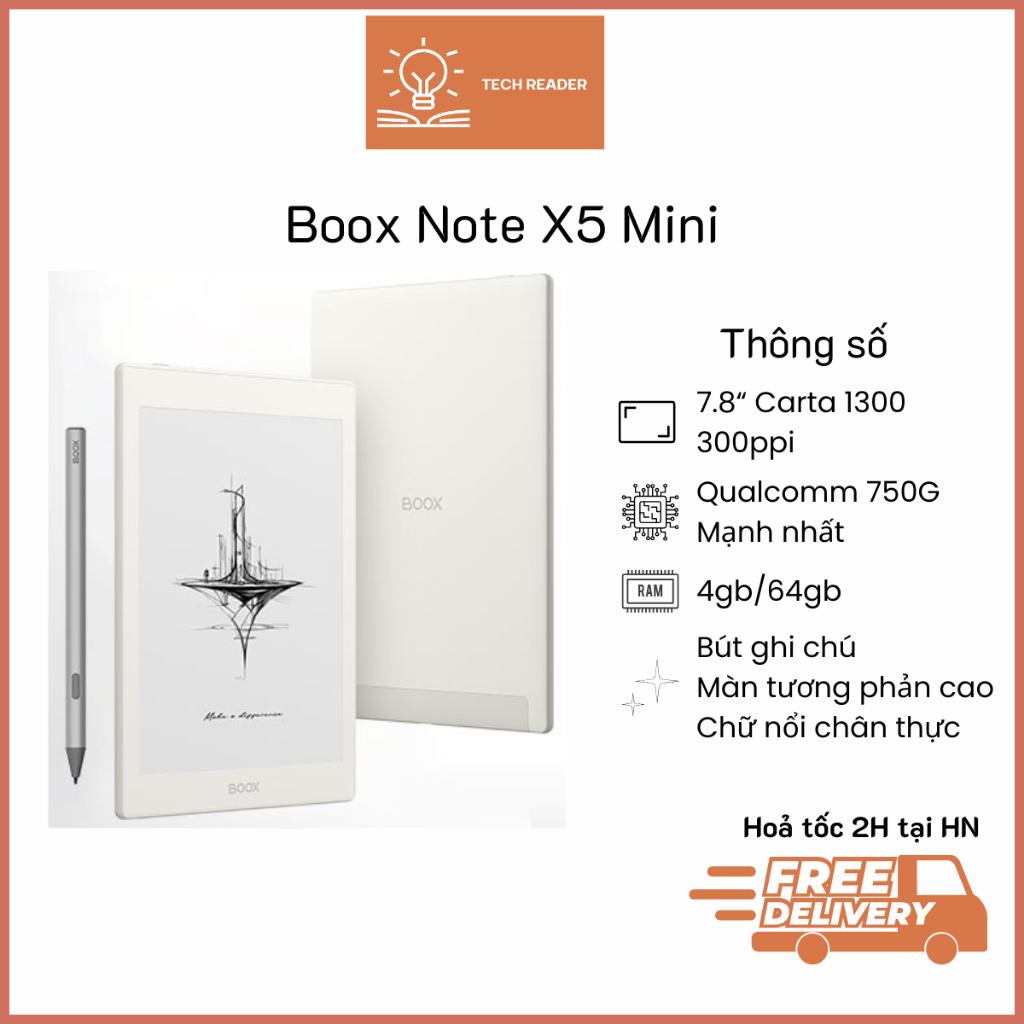 Máy đọc sách Boox Note X5 Mini - Carta 1300, ko đèn nền, hỗ trợ ghi chú ...