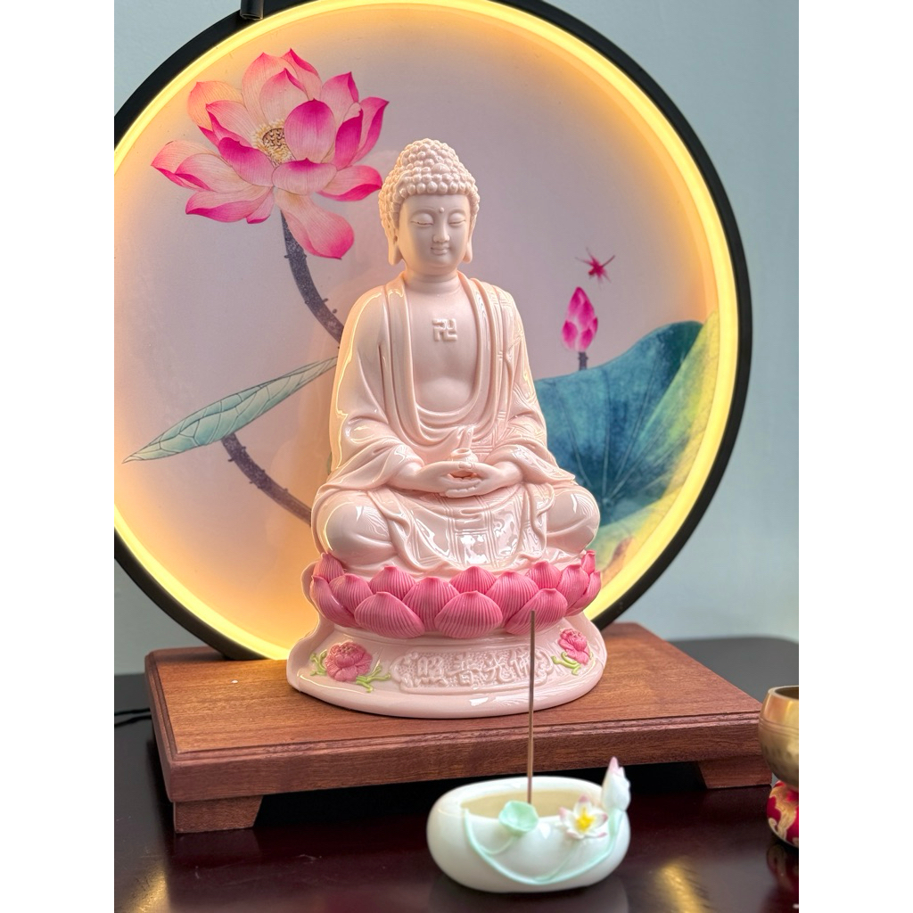 Tượng Phật A Di Đà Ngồi Thiền Chất Liệu Gốm Sứ Hồng Cao Cấp, Decor Phong Thủy, Trang Trí Bàn Thờ