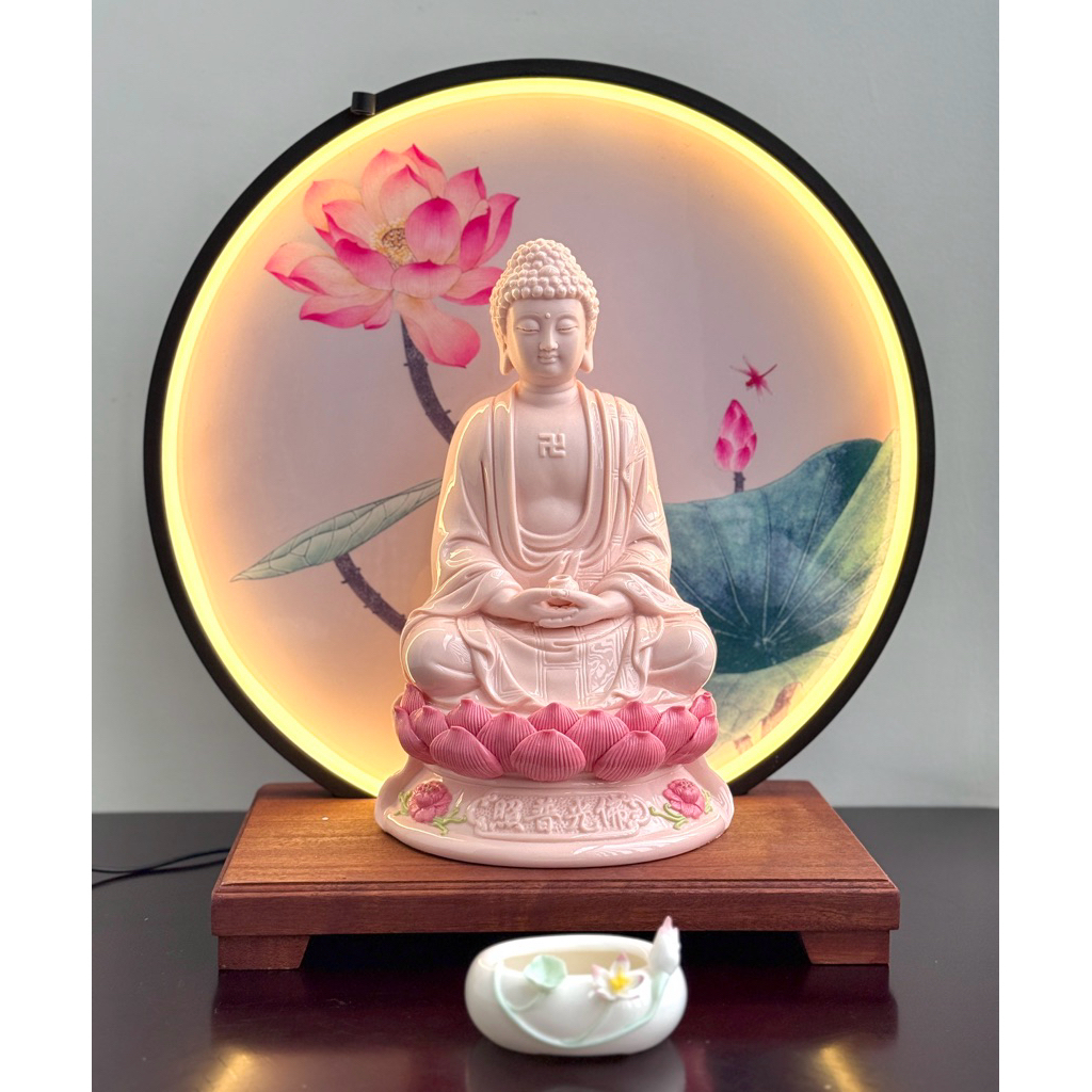 Tượng Phật A Di Đà Ngồi Thiền Chất Liệu Gốm Sứ Hồng Cao Cấp, Decor Phong Thủy, Trang Trí Bàn Thờ