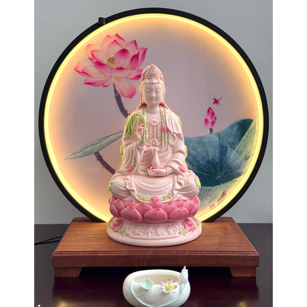 Tượng Quan Âm Bồ Tát Bồ Tát Ngồi Thiền Chất Liệu Gốm Sứ Dehua Hồng Cao Cấp, Tượng Mẹ Quan Âm, Trang Trí Bàn Thờ Phật