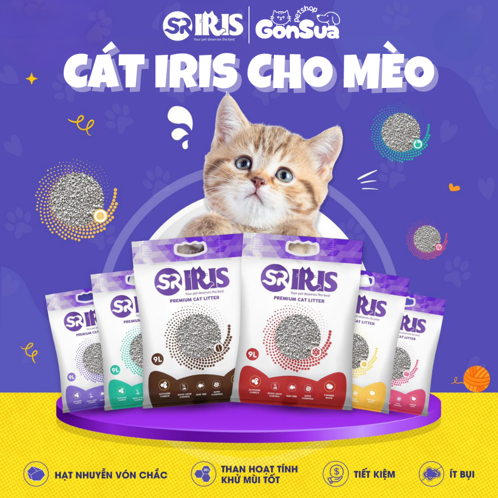 [Tải 6 Bao] Cát Vệ Sinh Mèo Than Hoạt Tính IRIS 9L, Hút Ẩm Tốt, Khử Mùi, Không Bụi, An Toàn Cho Mèo