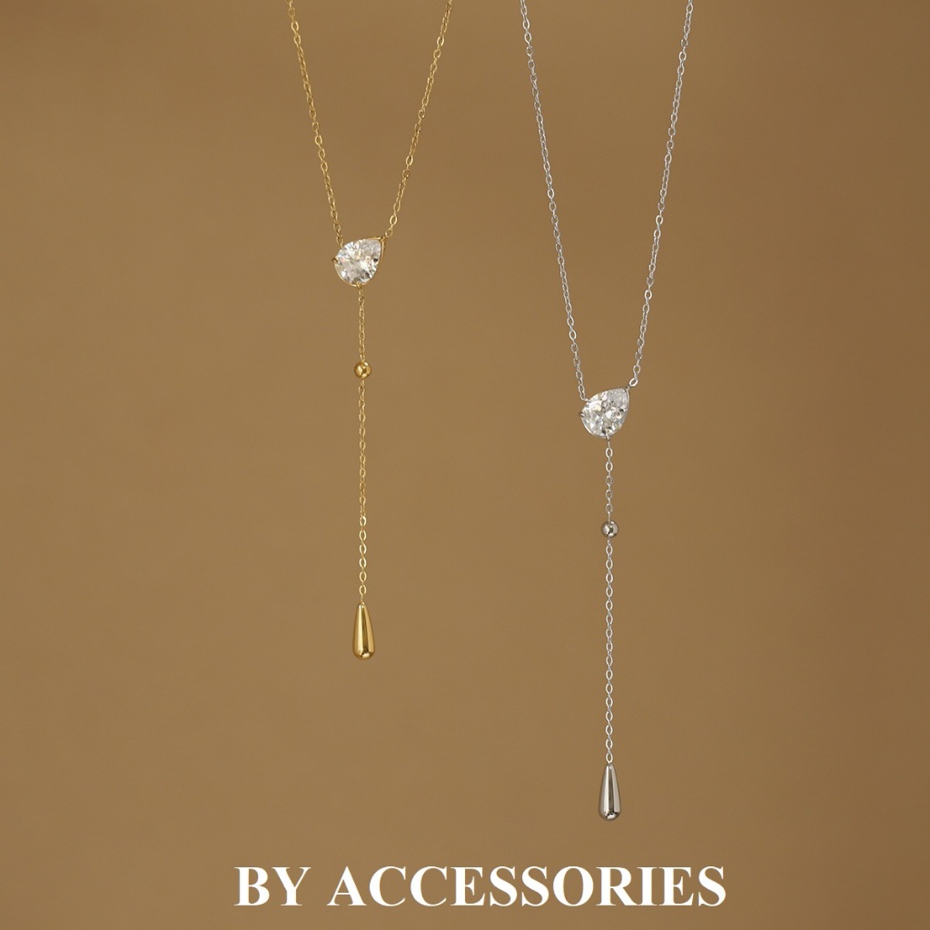 Dây chuyền nữ titan dáng chữ Y tua rua giọt nước khảm đá trắng lấp lánh không gỉ WN2541 BY ACCESSORIES