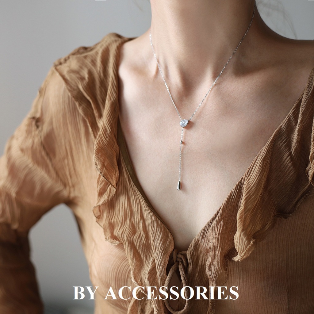 Dây chuyền nữ titan dáng chữ Y tua rua giọt nước khảm đá trắng lấp lánh không gỉ WN2541 BY ACCESSORIES